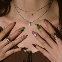 Ongles à presser en acrylique Wizard Oz Atmosphere, motif papillon, coccinelle 3D, dégradé vert rose, forme amande, certifié CE, fournisseur d'ongles