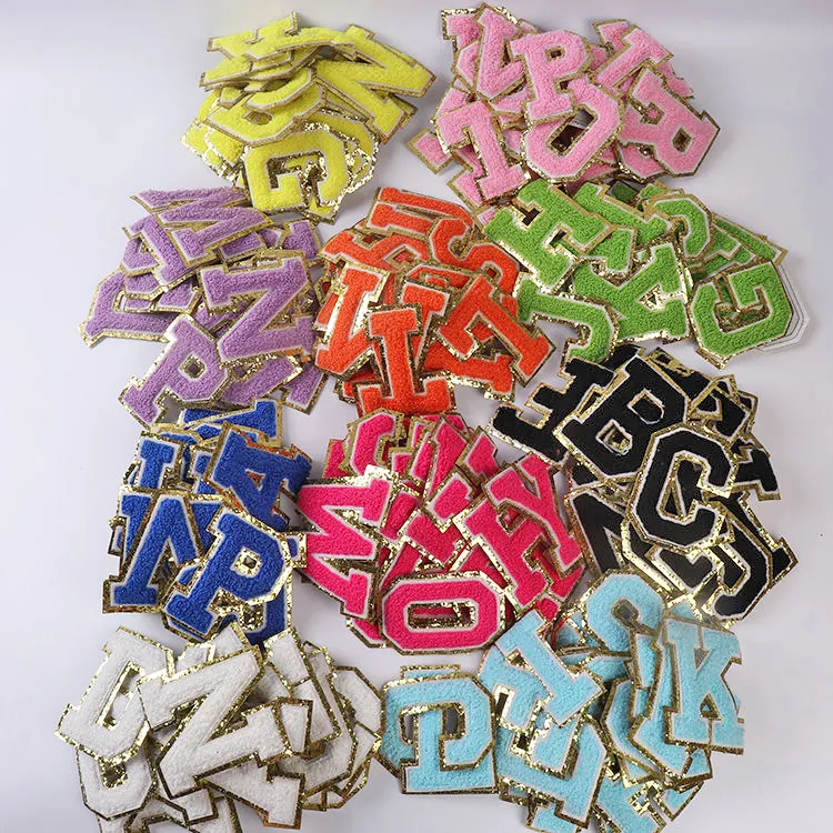 In Stock Multi Color 8cm DIY Iron On Letters Patches Glitter Alphabet Chenille Letter Patch For Clothing