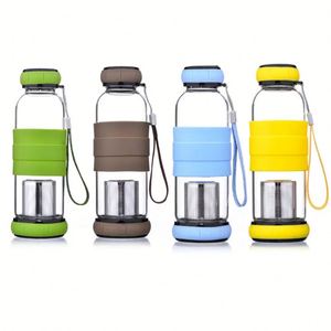 Promotion Custom Portable <b>Tea</b> Water Separation Borosilicate <b>Tea</b> <b>Infuser</b> Pumpkin Style Glass Water Bottle With Silicone Sleeve - Product Image 1