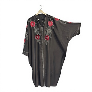 Abaya Negra Modesta para Mujer, Vestido Maxi con Manga Tres Cuartos, Cuello Chal, Poliéster Ligero, Ropa Tradicional de Oriente Medio - Product Image 1