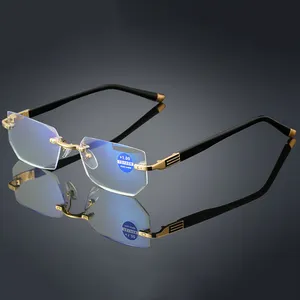 남성 브랜드 무테 안경 안티 블루 라이트 안경 트리밍 렌즈 돋보기 초경량 + 1.0 + 1.5 + 2.0 ~ + 4.0