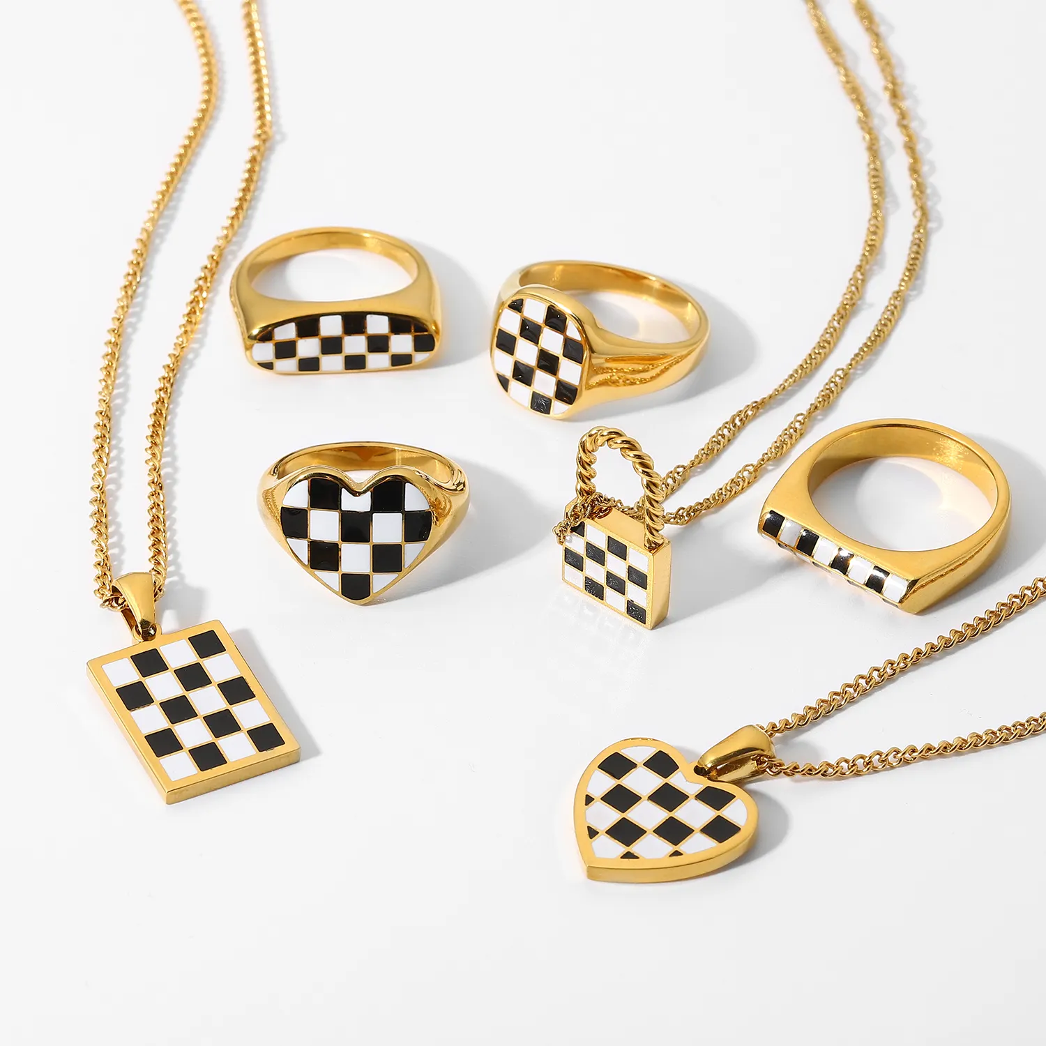 2021 New Arrival 18k Gold Plated Stainless Steel Party Jewelry black and white chess Plaid Pattern rings pendant necklace set