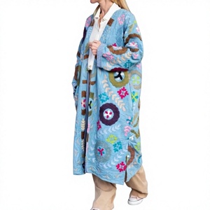 Long Knitted Velvet <b>Thick</b> <b>Coat</b> Floral Embroidery Stand Collar Full Sleeve <b>Winter</b> Women's Jacket Raw Eco-Friendly Wholesale - Product Image 1