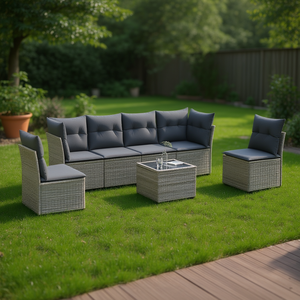 Set Divano da Giardino Grigio con Cuscini, 6 Posti, in Rattan, Arredamento da Esterno dal Design Contemporaneo - Product Image 2