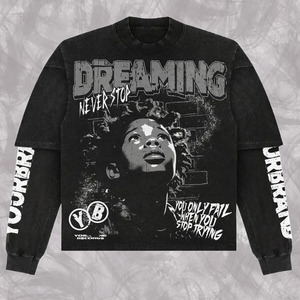 T-shirt Oversize con Stampa Grafica Personalizzata Effetto Consumato, Ricamo, Vestibilità Regolare, Lavaggio Acido, Maniche a Doppio Strato Patchwork - Product Image 2