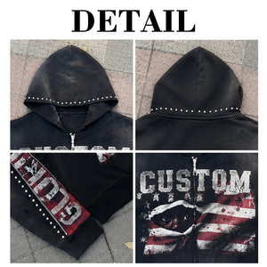 Fabricant de sweats à capuche zippés personnalisés, effet délavé à l'acide, double couche, épaules tombantes, vintage, épais, vieilli, brodé - Product Image 6