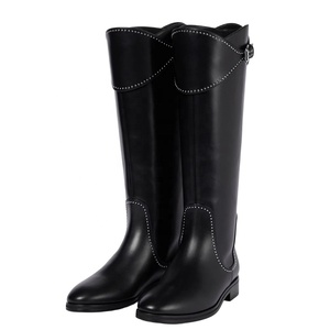 Botas de caballero de tacón bajo cuadrado con cremallera para mujer, botines largos de cuero auténtico hasta la rodilla, con remaches metálicos planos y hebillas, zapatos de señora - Product Image 4