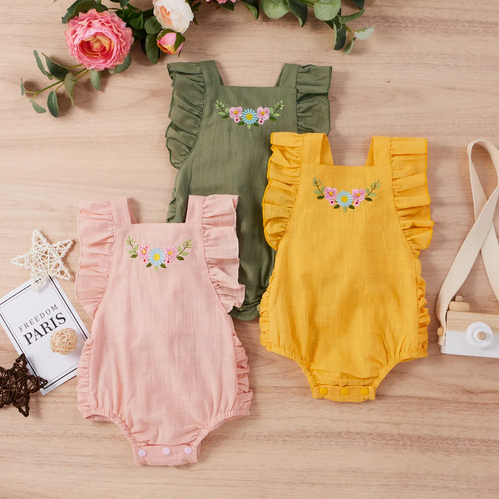 Pakaian Bayi Baru Lahir 03 Bulan Romper Bordir Linen Korea Bayi Musim Panas untuk Anak Perempuan