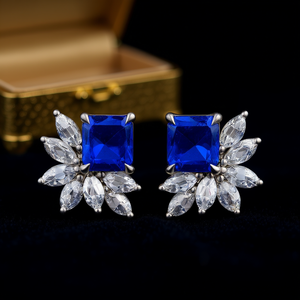 Orecchini a lobo E638 con gemma blu, in argento 925, design floreale, taglio marquise, gioielli da sposa per donna, orecchini di lusso. - Product Image 2