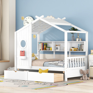 White Wooden <b>House</b> <b>Bed</b> With Storage Drawers And Bookshelf For Kids Bedroom - Product Image 2
