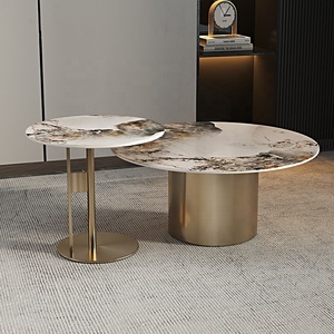 Bộ Bàn Cà Phê Thép Kim Loại Màu Vàng Đá Cẩm Thạch Gốm Sứ Đá Thiêu Kết Tròn Sang Trọng Hiện Đại Bàn Ghế Bên Cạnh Cocktail - Product Image 2
