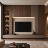 Meuble TV moderne en bois avec console multimédia murale flottante, étagères à LED et panneaux muraux cannelés pour salon