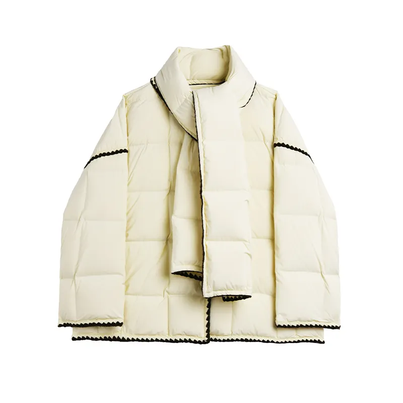 Abrigo acolchado suave corto cálido para mujer con bufanda, gran oferta, chaqueta de plumón de pan informal sin lavado y gruesa holgada de invierno