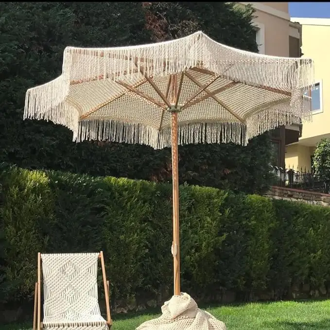 Fantastic Luxury crochet patio wooden umbrella handmade cotton tassels 2.5M parasol macrame ropes open umbrella with fringe