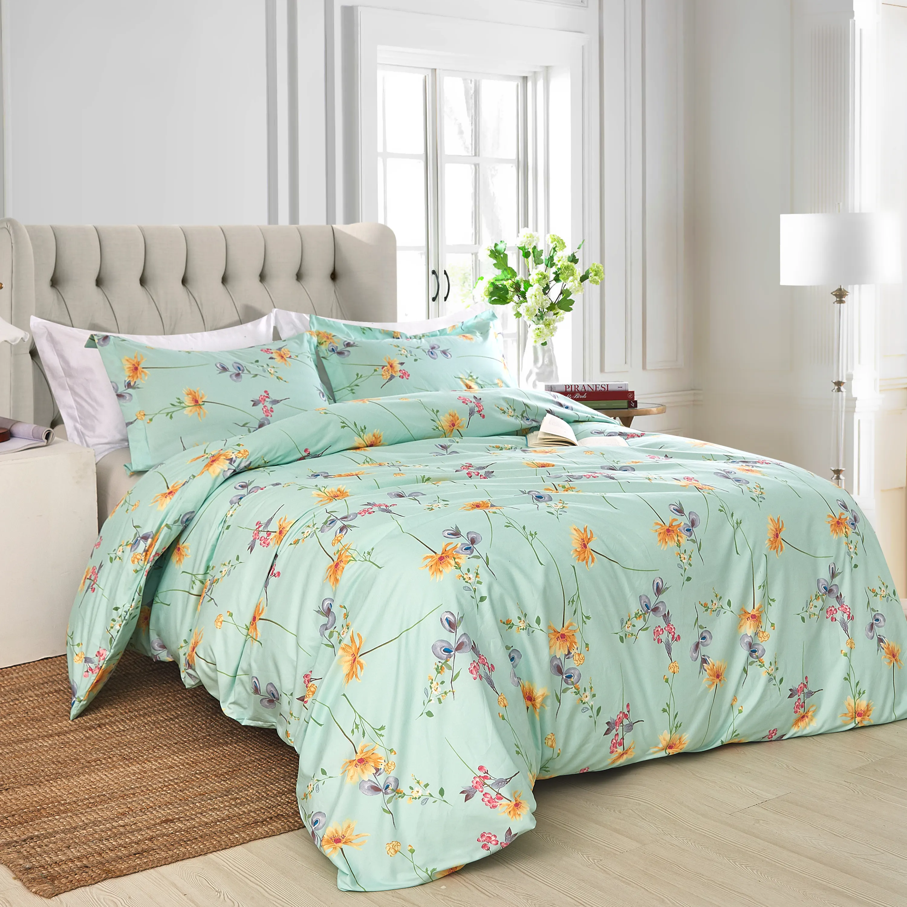 Floral Duvet Cover Full / Queen Size Soft 100% Brushed Microfiber Comforter Cover 3 Piece Bedding Set 1 Duvet Cover & 2 Pillow
