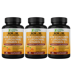 Livewell Nutrition BCM 95 Curcumine Liposomale Vitamine C 500mg 180 Comprimés Lot de Trois Soutien Immunitaire et Articulaire - Product Image 1