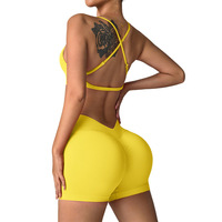 Set Yoga 2 Potong Gaya Eropa Amerika, Seksi, Solid, Bahan Spandex/Nylon Bernapas, Celana Pendek Pengangkat Pinggul Wanita, Elastis untuk Lari