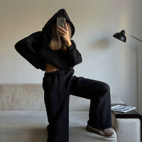 Setelan Hoodie Crop Wanita dengan Ritsleting Setengah, Celana Jogger Longgar dengan Tali Serut, Dua Potong, Kasual, Gaya Jalanan, untuk Bersantai