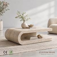 Table basse en travertin beige moderne haut de gamme en forme de C, table de rangement de luxe pour petit appartement, salon