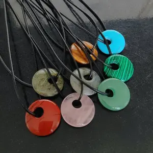 Donuts Shape Natural Stone Crystal Agate Jade Pendant Necklace Charms With Black Leather Cord for Jewelry Gift