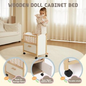 Culla per Bambole in Legno con Ruote e Contenitore Integrato per Giocattoli, Lettino per Bambole con Spazio di Archiviazione per Giochi di Ruolo - Product Image 3