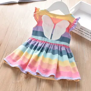 Zomer Regenboog Gestreept Baby Meisjes Katoenen Jurk Zomerjurk Meisjes Mouwloze Jurk Met Vleugels Jumper Rok