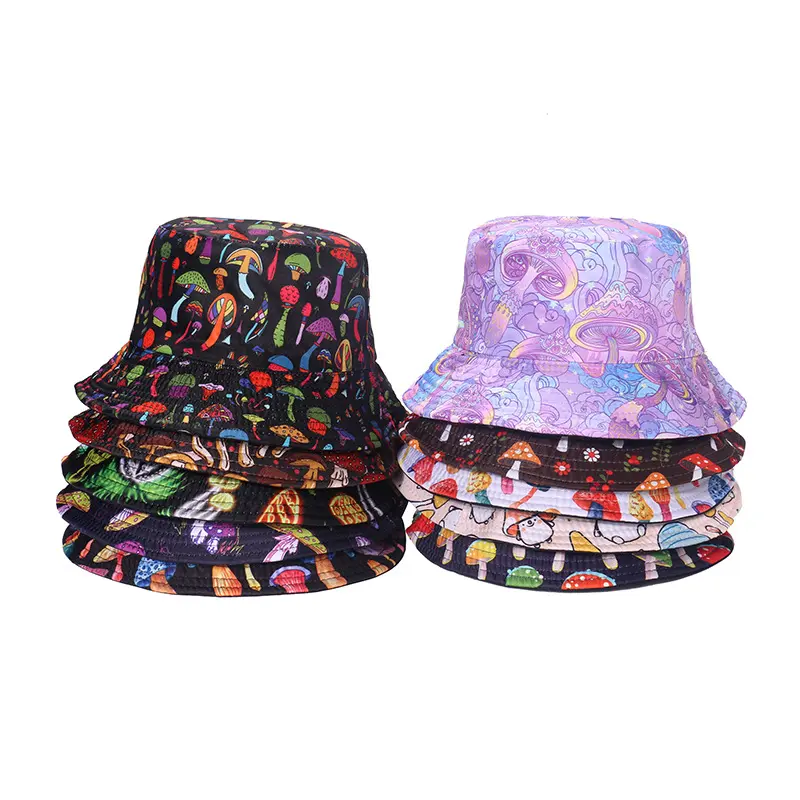 뜨거운 판매 봄 여름 버섯 프린트 맞춤형 양산 피셔 캡 버킷 모자 여성용