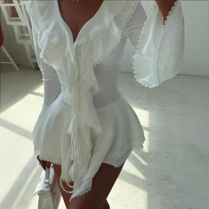 Robe longue de plage pour femme, col en V, bretelles spaghetti, volants, taille naturelle, respirante, idéale pour les clubs, le tourisme et les loisirs, couleur unie - Product Image 3