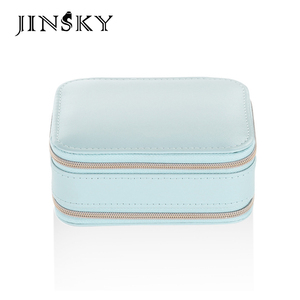 JINSKY Light <b>Blue</b> Rectangle Leather Jewelry <b>Box</b> with Zipper Closure for Jewellery <b>Storage</b> - Product Image 1