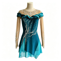 Robe de patinage artistique bleu sarcelle avec strass et maille, manches longues, pour enfants et adultes, idéale pour les compétitions sur glace et les spectacles.