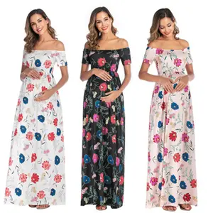 Maternidade Vestido Longo Mulheres Ruffle Stretchy Floral Imprimir Maxi Vestido Off Ombro Roupas Gravidez Mamãe CW027