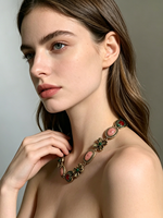 Collier ras du cou vintage XM N453 avec pendentif cœur rouge en strass et fleur verte, chaîne maillée, style rétro gothique pour femme, bijou de cou quotidien