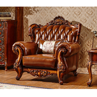 Ensemble de Canapés Chesterfield Classique Européen Meubles de Salon Sculpture sur Bois, Canapé en Cuir Sculpté 3 Places Combinaison 123
