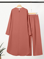 Modeste musulman vêtements arabe femmes chic deux pièces tenue élégant solide col rond dentelle longue chemise large jambe pantalon costumes