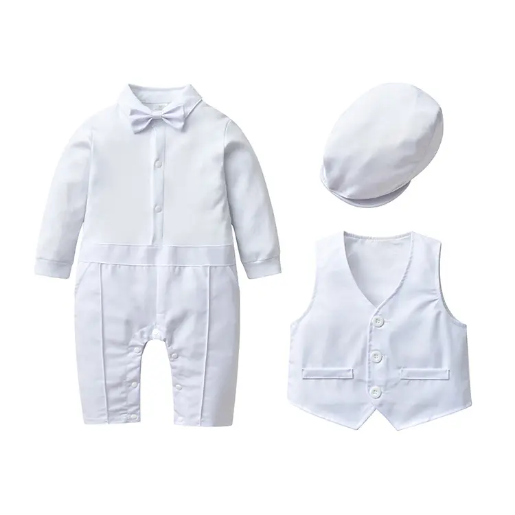 El más nuevo traje blanco para niño de 3 piezas con sombrero, mameluco de algodón, conjunto de ropa para bebé, mameluco para bebé