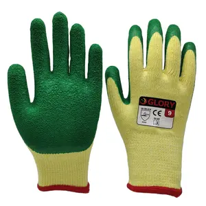 流行的经济型黄绿色皱纹乳胶整理手掌工作安全手套，带聚棉衬里