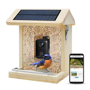 自动通知和录制视频智能喂鸟器带摄像头2024升级木质防水太阳能电池板智能人工智能喂鸟器