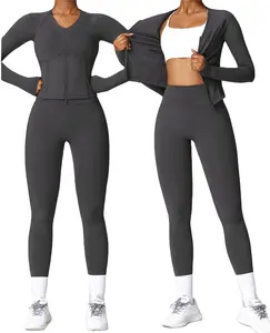 2023冬季羊毛2pcs长袖拉链上衣锻炼健身房主动穿运动健身服瑜伽套装女性
