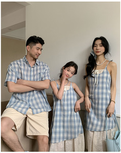 Completo Coordinato Estivo 2026 per Famiglia: Abito Scozzese Mamma e Figlia, Camicia <span class=keywords><strong>Papà</strong></span> e Figlio con Pantaloncini F22M - Product Image 2