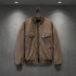 Chaqueta Bomber de Pana para Hombre, Cuello Alto, Cierre de Cremallera, Estilo Casual Otoñal, Acabado Lavado, Color Sólido, Corte Regular - Product Image 1