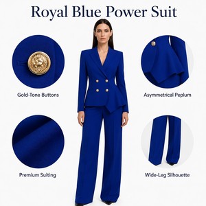 Ensemble <span class=keywords><strong>tailleur</strong></span> deux pièces pour femme, blazer croisé, <span class=keywords><strong>pantalon</strong></span> large, <span class=keywords><strong>bleu</strong></span> <span class=keywords><strong>roi</strong></span>, boutons dorés, ourlet asymétrique, sur mesure, Jinyuan - Product Image 3
