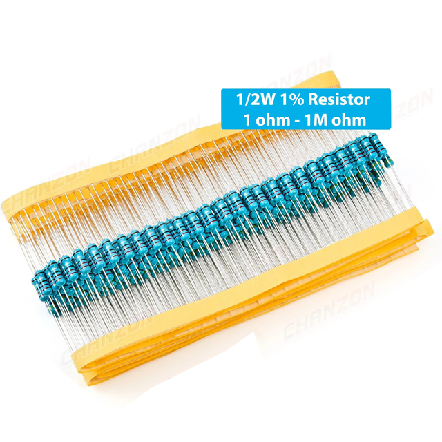 100 Pcs 1/2W 1% Metal Film Resistors 1ohm - 1M Ohm 1/2 Watt 0.5 W High Precision MF Fixed Resistance 1K 10K 47K 100K 4R7 2K2 2R2