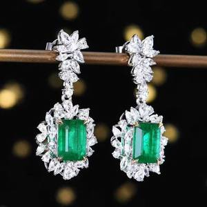 SGARIT 18K Solid Gold Natural Emerald Dangle Earrings 4.24ct Main <b>Stone</b> With White Sapphire Accent Gems gemston jewelry - Product Image 3