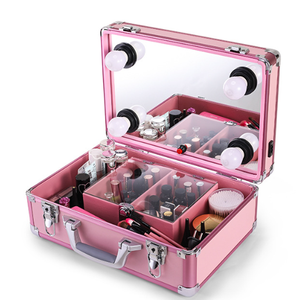 Estuche de tren de bombillas LED de aluminio ligero, maletín organizador de maquillaje duro grande <span class=keywords><strong>para</strong></span> llevar herramientas cosméticas, estuche de maquillaje abierto - Product Image 1