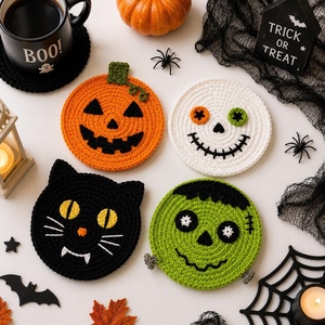 Sous-verres en crochet faits main pour Halloween, motifs citrouille, fantôme, monstre, en <span class=keywords><strong>laine</strong></span>, résistants à la chaleur, décoration de table de fête, fantaisie, pour l'international - Product Image 3
