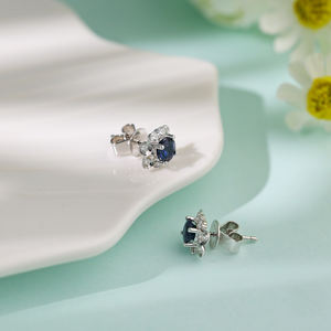 Pendientes de Zafiro con Forma de Flor Personalizados de Lujo, Oro Sólido de 18K, Diamantes Naturales, Chapados en Oro, Regalo de Compromiso para Novia - Product Image 4