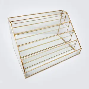 Clear Nail Polish Organizer 5 Tier Plexiglass Acrylic Gold Border Display Rack Holds Up To 30 Bottles