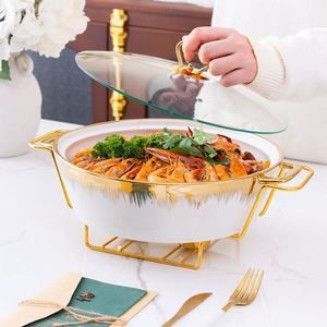 Olla de Cerámica Redonda Dorada de Lujo <span class=keywords><strong>para</strong></span> Buffet, Calentador de Comida, Olla <span class=keywords><strong>para</strong></span> Sopa, Olla <span class=keywords><strong>para</strong></span> Caldos con Soporte Dorado - Product Image 6