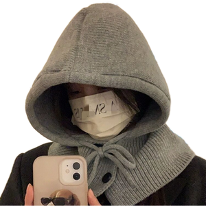 Mùa Đông Dệt Kim Ấm Tai Bảo Vệ Áo Thun Hat Khuôn Mặt Đơn Giản Làm Nổi Bật Nhỏ Dệt Kim Hat Khăn Choàng Cổ Một Mảnh Hoodie Hat - Product Image 1