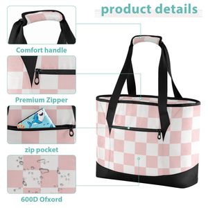 Sac isotherme de gros format à carreaux roses grande capacité pour femmes, idéal pour le déjeuner, les courses et les activités de plein air - Product Image 6